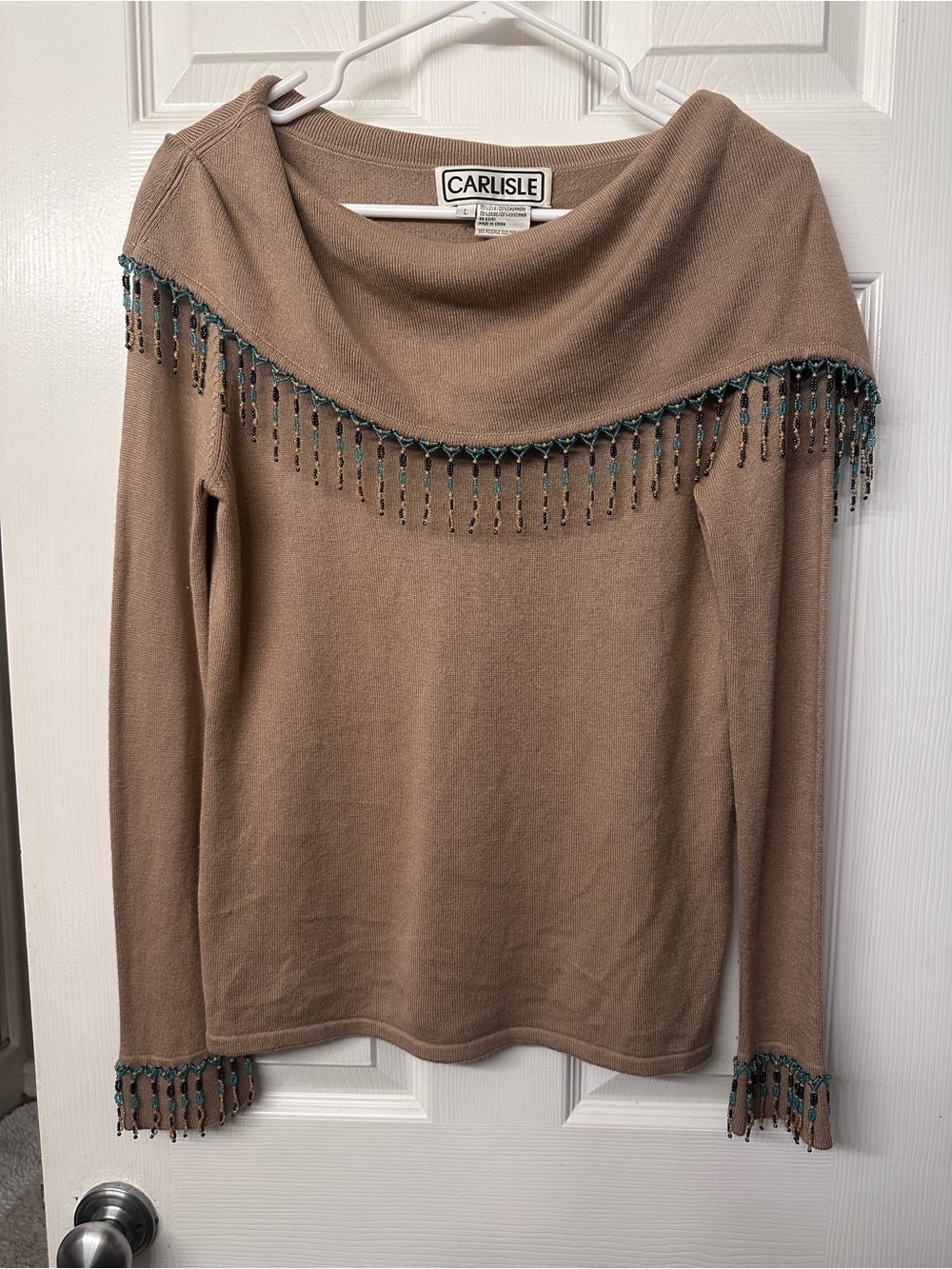 Vintage Carlisle Silk Cashmere Beaded Fringe Sweater Tan Large